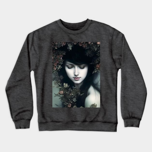 Floral Somberness: A Dark and Enchanting Portrait of Beauty and Mystery Crewneck Sweatshirt by Christine aka stine1